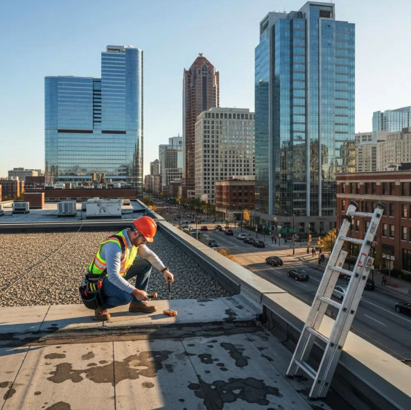 Commercial Roofing Installation and Repair Services: Expert Solutions for Kansas City Businesses 6 Roofer inspecting commercial flat roof with energy-efficient materials, urban skyline in background, emphasizing maintenance and inspection importance for longevity.