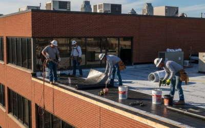 Roofers installing a commercial roof in Kansas City, using tools and materials for winter maintenance and repair.