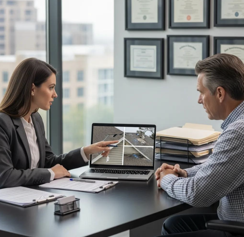 Expert Hail Damage Repair in Kansas City for Roofs & Siding 2 Woman discussing hail damage repair details with a client, pointing at images of roof damage on a laptop, in a professional office setting.