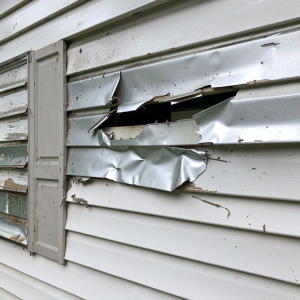 Damaged vinyl siding on a residential home showing significant cracks and dents from hail impact, illustrating the effects of severe spring storms in Kansas City.