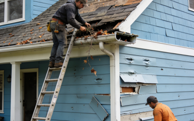 Gorilla Exteriors crew inspecting damaged roof and siding after a Kansas City storm.