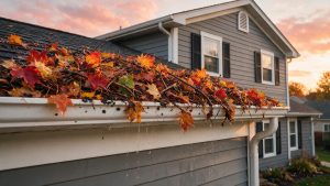 Gutter Overflow in Shawnee, KS and How to Fix It 1 Clogged gutters overflowing with leaves and debris on a Shawnee, Kansas home.