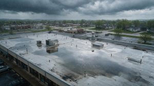 Commercial roof in Shawnee, Kansas with water building up due to poor roof slope. 