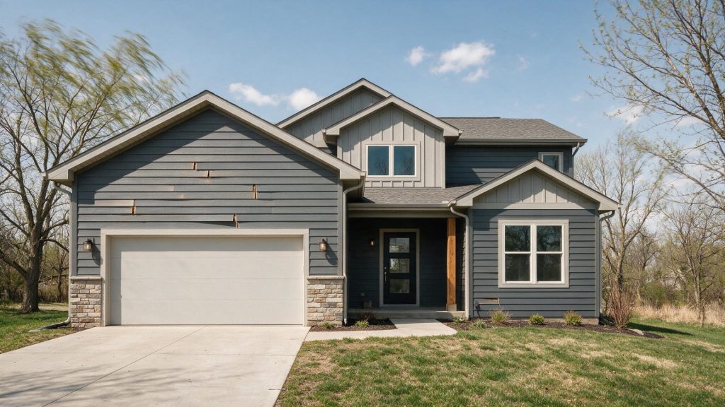 7 Signs Your Shawnee Kansas Home Needs Siding Repair 2 Loose siding panels and cracks on a gray Shawnee, Kansas house, signs of potential storm damage.