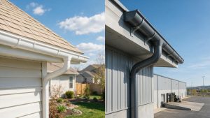 Gutter Overflow in Shawnee, KS and How to Fix It 5 Residential and commercial gutter systems comparison: pitched roof gutters and large commercial drainage.