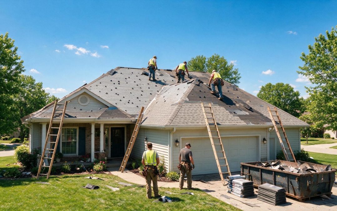 Roof repair in Shawnee, Kansas: roofing contractors working on a home's shingles.