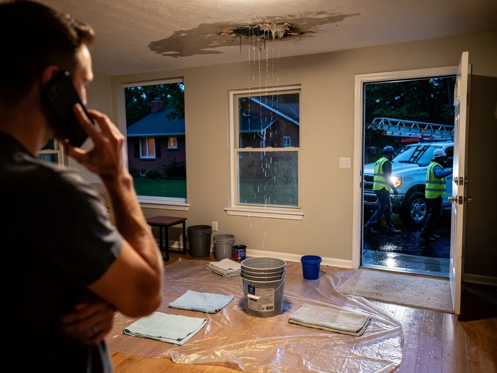 Emergency Roofing Repair Services Kansas City 3 Bucket catching leak water with tarp materials ready for roof repair