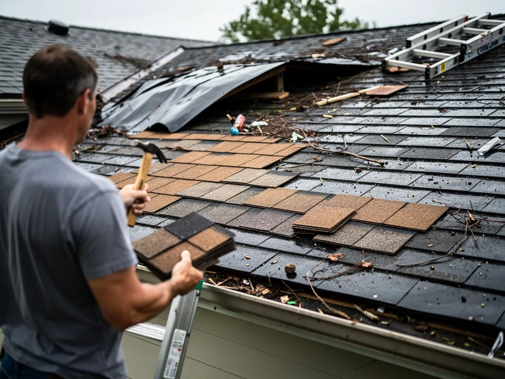 Emergency Roofing Repair Services Kansas City 5 Contractor inspecting a hastily patched roof section for hidden damage
